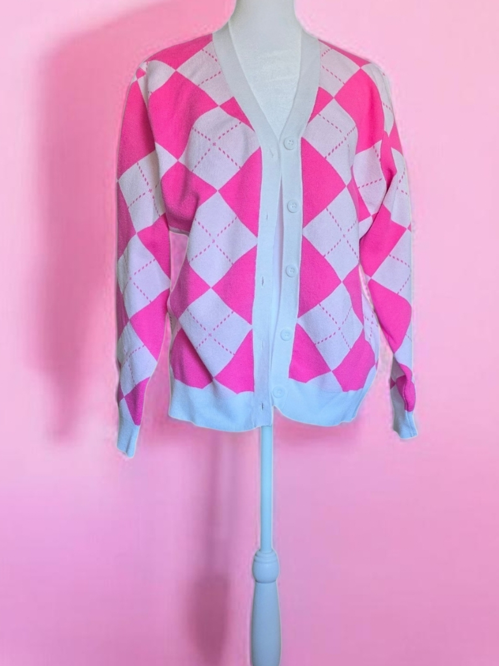 Grace Karin Pink and White Argyle V-Neck Button Cardigan